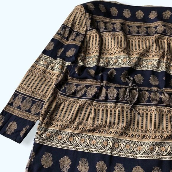 Vintage 80s Clues Collection Baroque Print Duster Robe Jacket Navy Tan XL - Picture 11 of 14